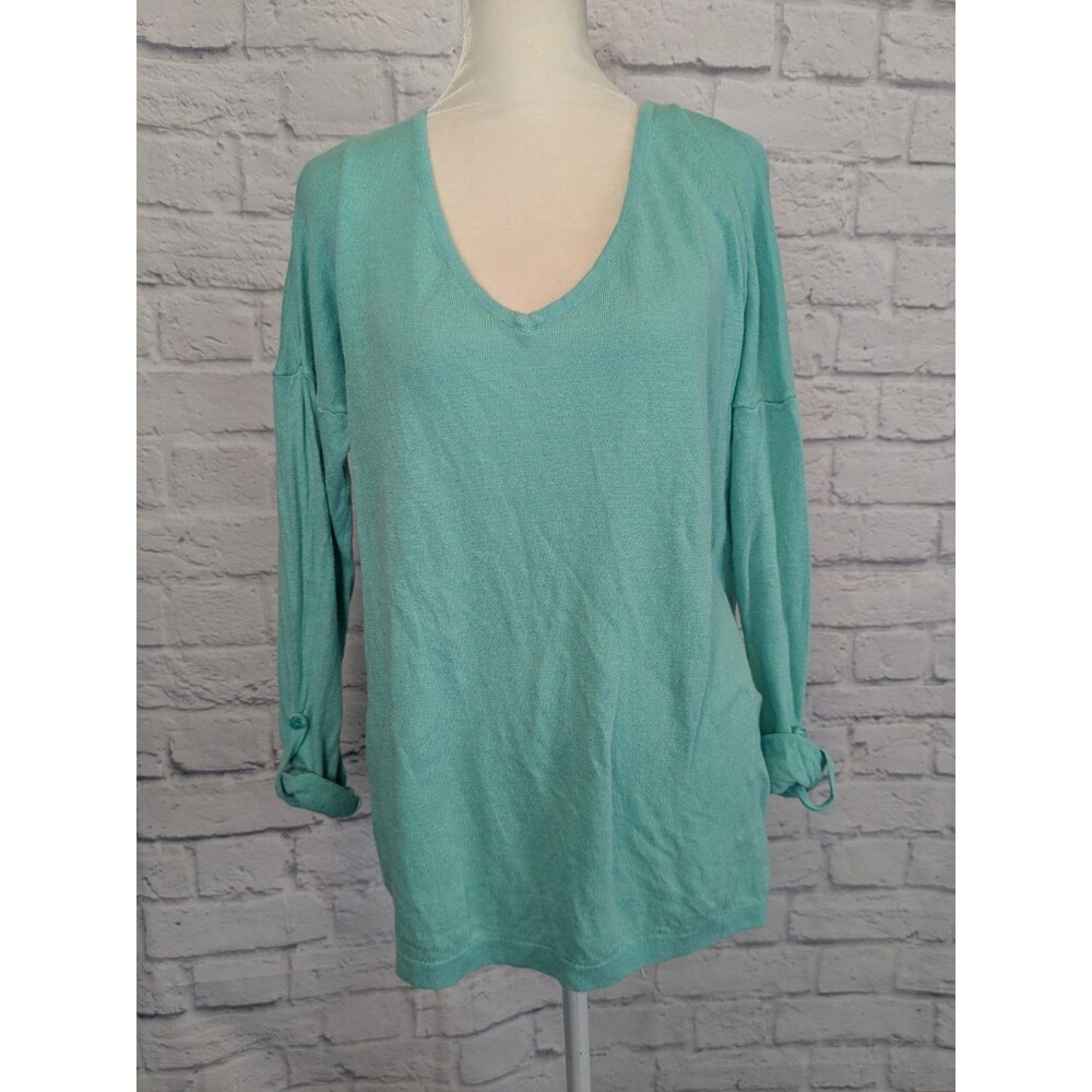 Banana Republic Linen Blend Blue Green knit sweater Size Med roll tab sleeves